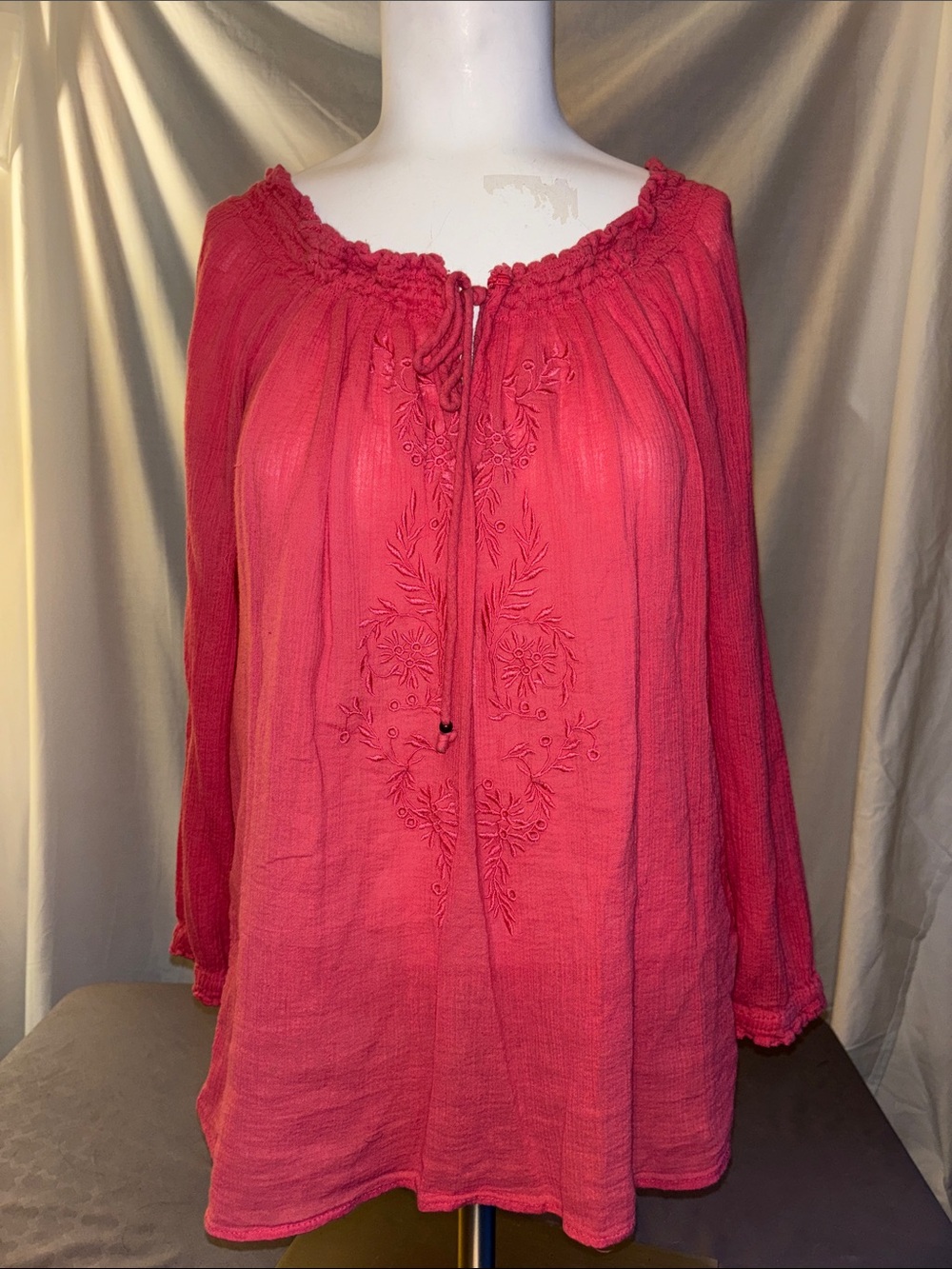 American Living Raspberry Pink Embroidered Peasant Tunic